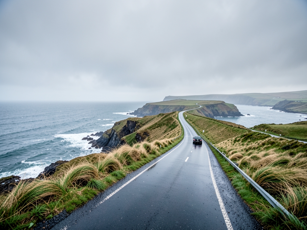 winding coastal road seen from above under heavy
