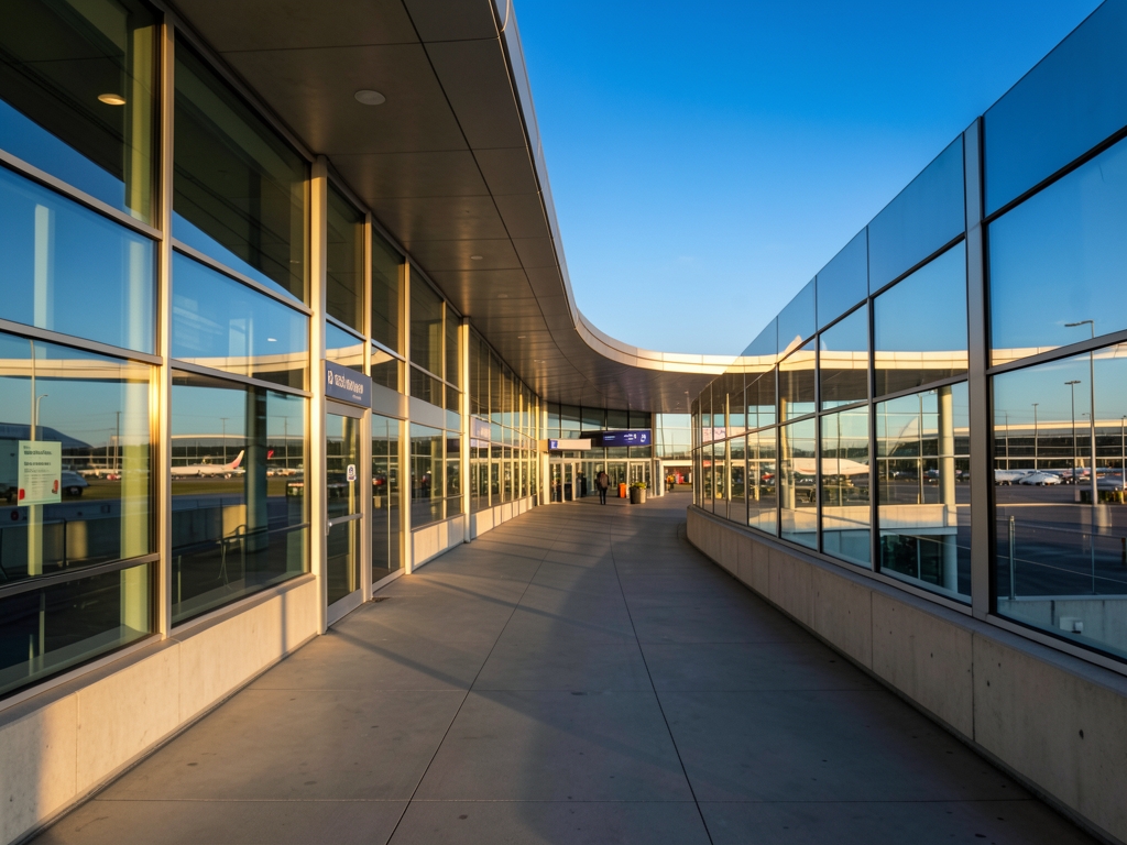 quiet terminal exterior with gently diverging walkways glass and concrete