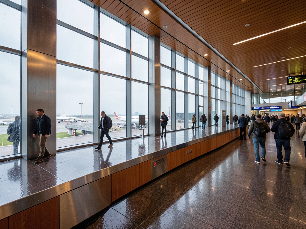 Modern airport concourse after rain forked walkways framed