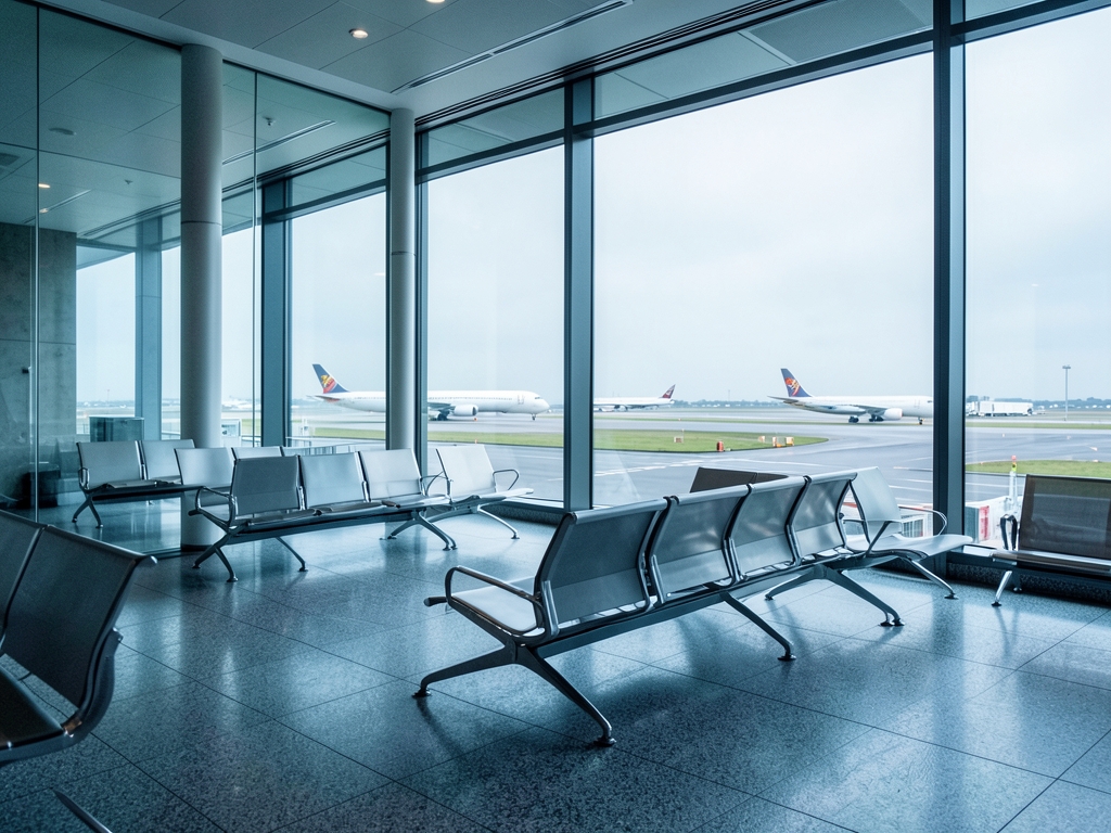 Wide view empty departure gate lounge facing runway