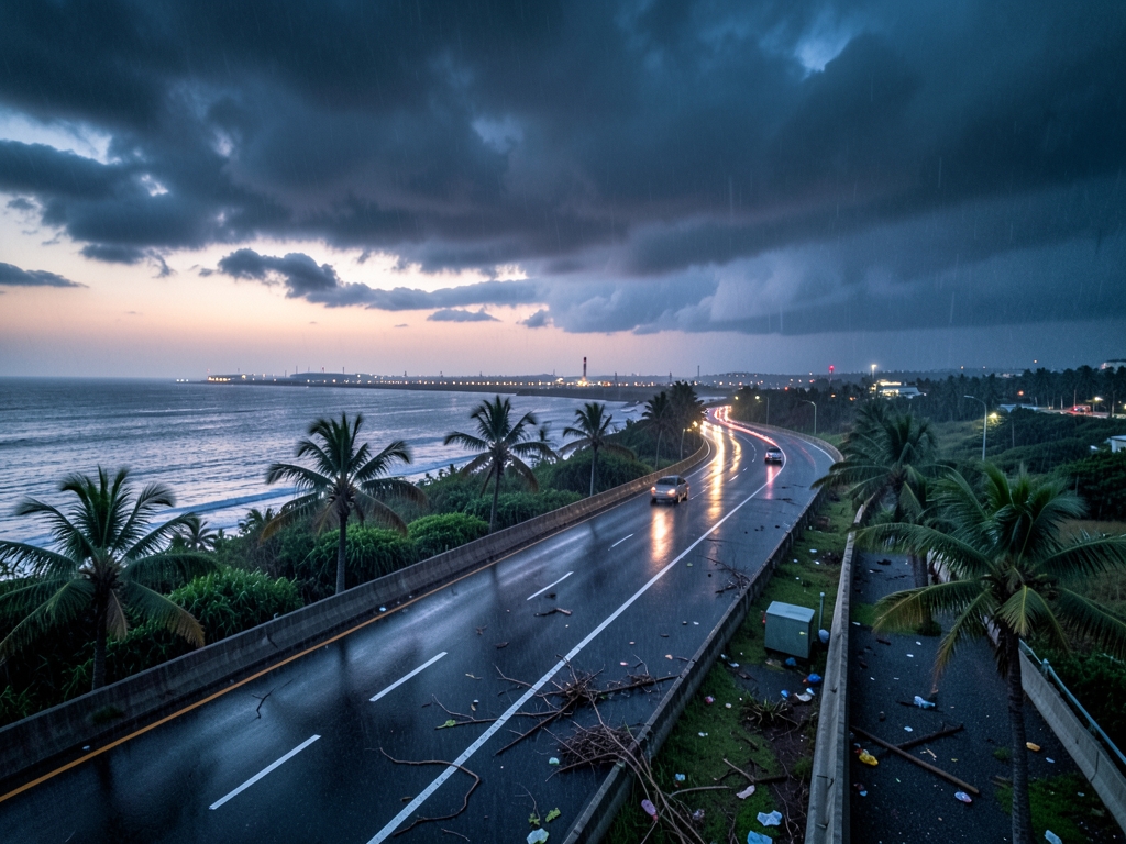 Aerial view curving coastal highway dusk under heavy