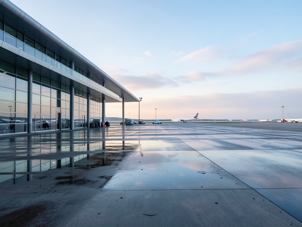 Pale morning over modern airport terminal open runway