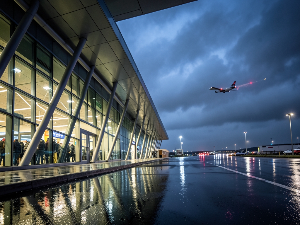 Rainy airport curb beneath glass and steel terminal dark clouds