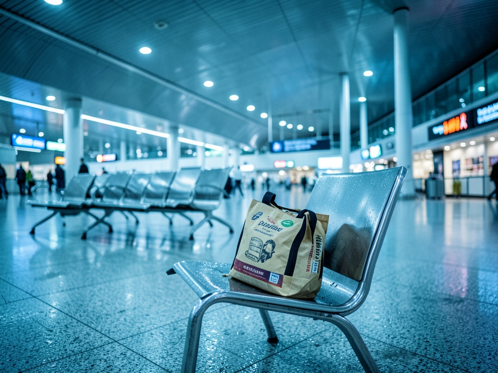 Rainy evening airport concourse with empty gate seating