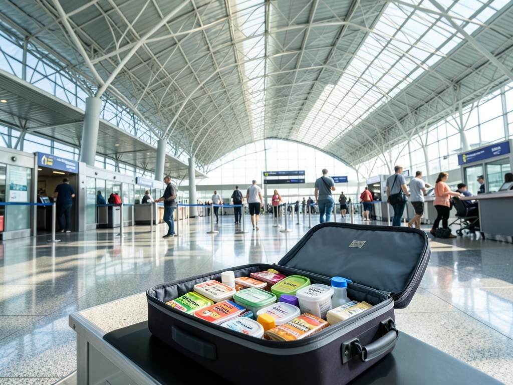 Sunlit airport terminal beneath glass and steel canopy tiny containers
