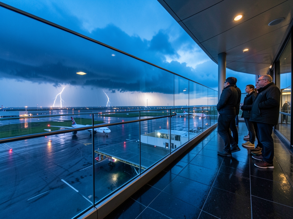 Upper airport lounge terrace overlooking aircraft stormy runway