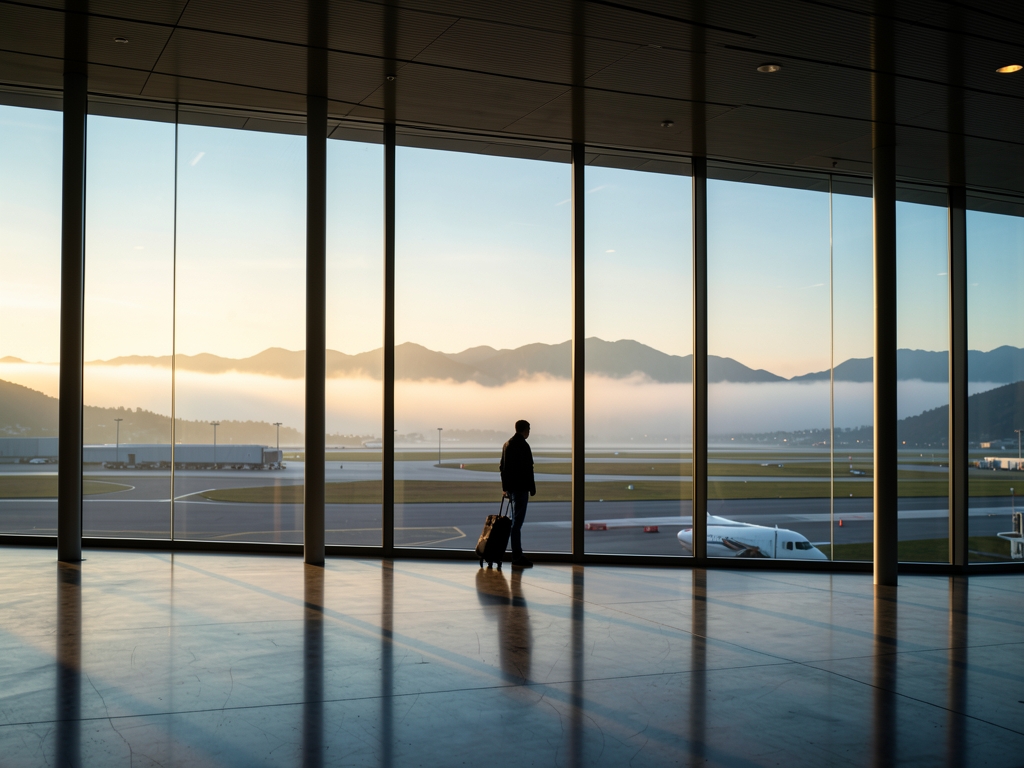Quiet airport terminal dawn Pacific coast floor to ceiling glass