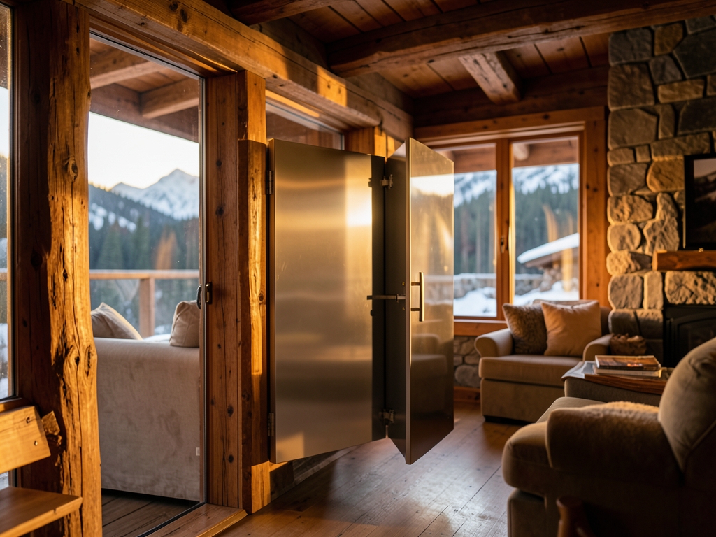 Interior remote alpine lodge where warm amber light