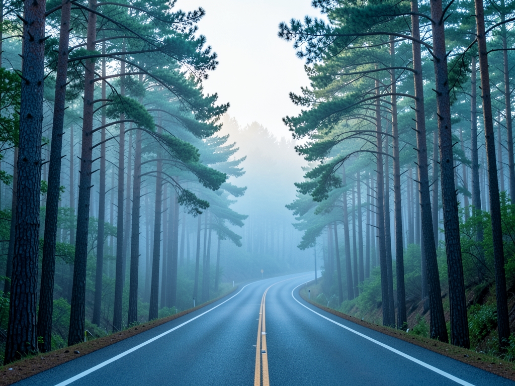 winding coastal highway cutting through misty pine forests