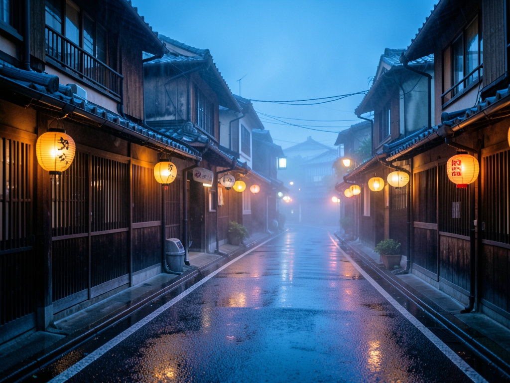 narrow rain slicked street quiet Tokyo neighborhood blue hour