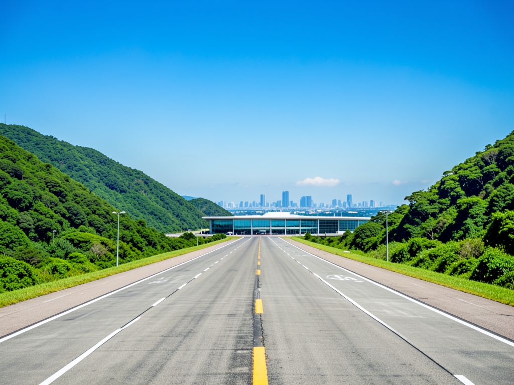Sunlit runway stretches between lush green hills toward