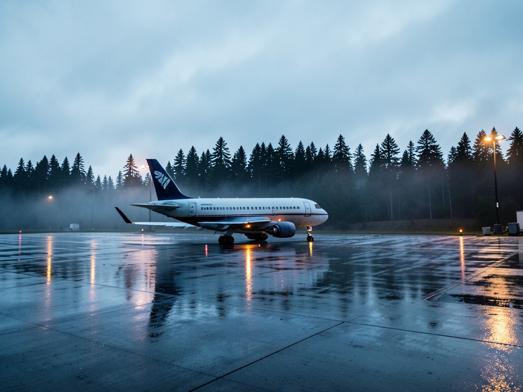 rain slicked Pacific Northwest airport tarmac dusk lone silhouette