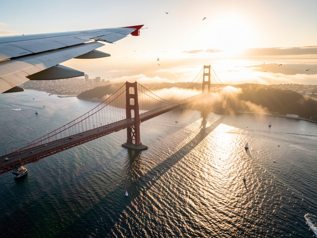 Golden hour aerial view Francisco beneath descending wing rolling