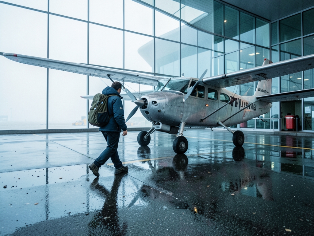 traveler crossing misty coastal airport toward small Alaska style