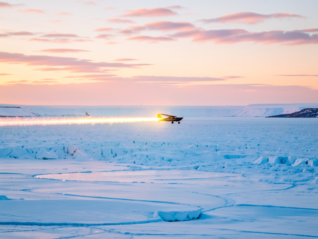 small aircraft traces bright path above vast Alaskan