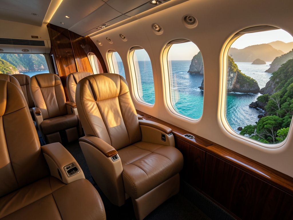 premium airplane cabin overlooking turquoise Pacific water lush