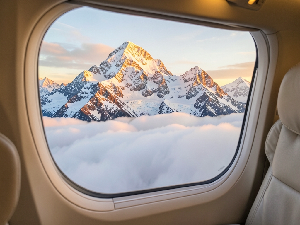 Snow capped Alaskan mountain peaks viewed from airplane window
