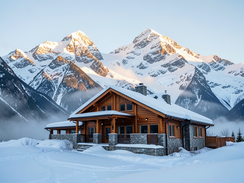warm wood and stone mountain lodge beneath snowy Alaskan peaks