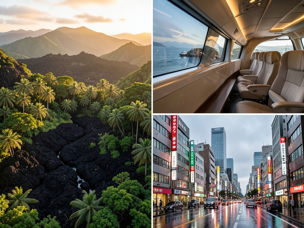 tranquil journey between tropical Hawaii modern Japan flowing