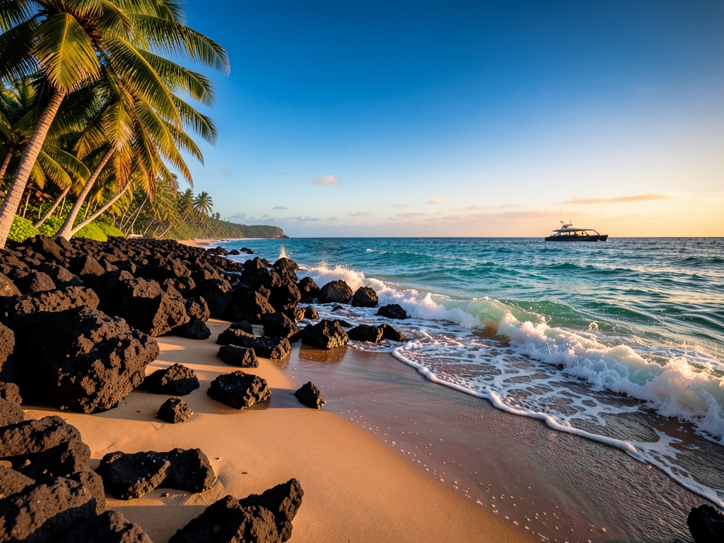 windward Hawaiian beach sunrise black lava rocks turquoise