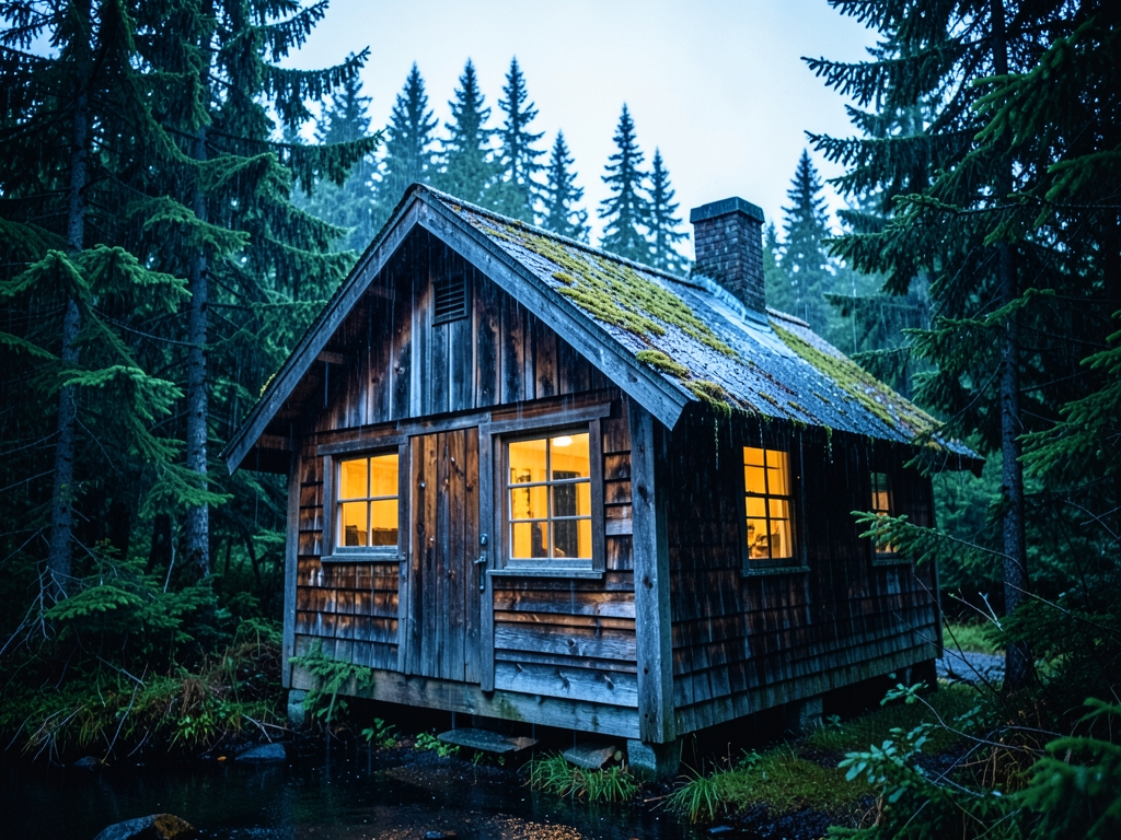 Small Southeast Alaska waterfront cabin with timber walls