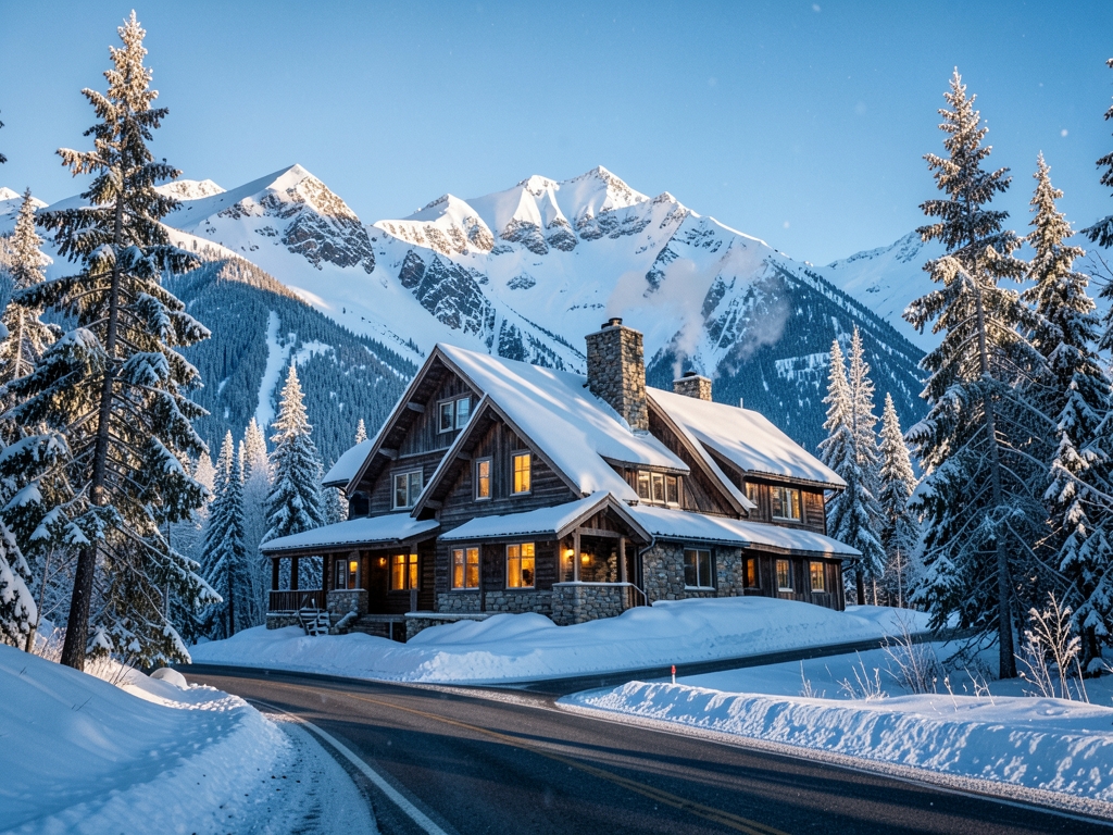 rustic timber and stone Alaska roadside lodge beneath snowy peaks