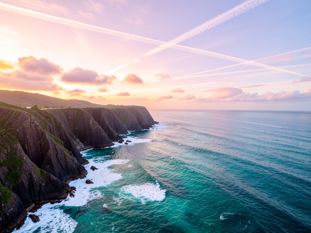 Aerial view Hawaiian coastline sunrise turquoise water volcanic