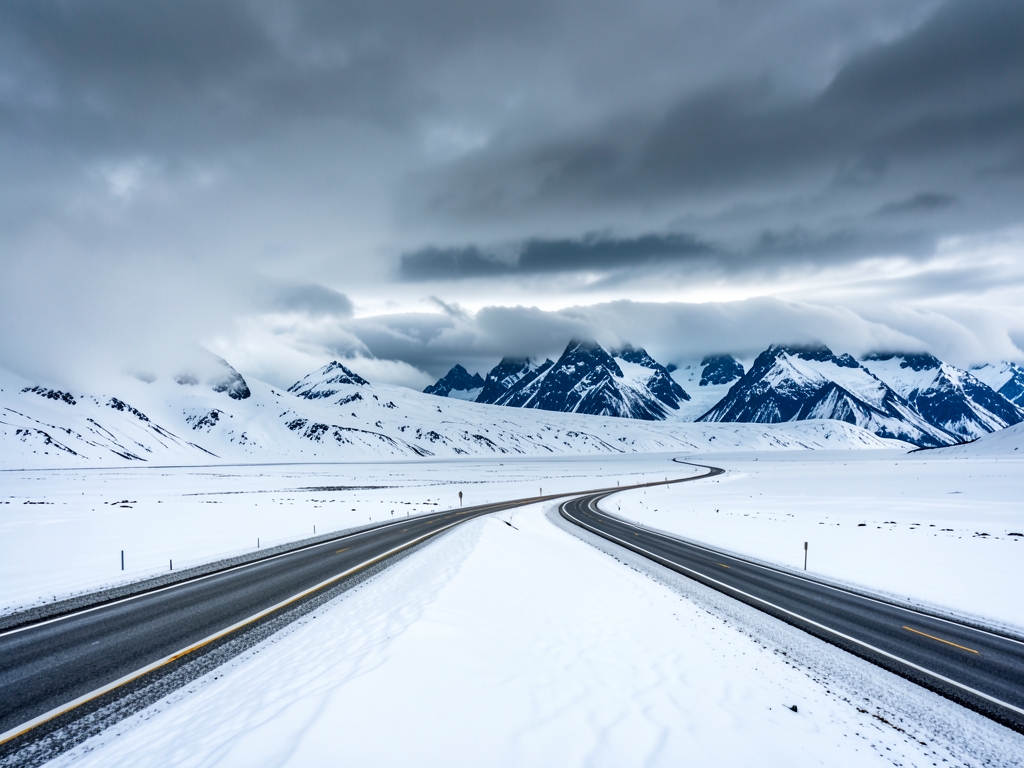 winding Alaskan highway crossing broad snowfields beneath layered