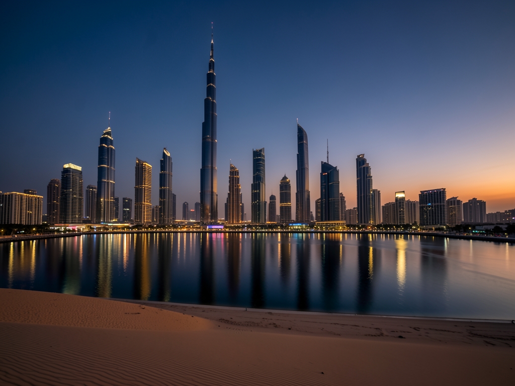 Dubai skyline twilight gleaming glass towers reflected calm