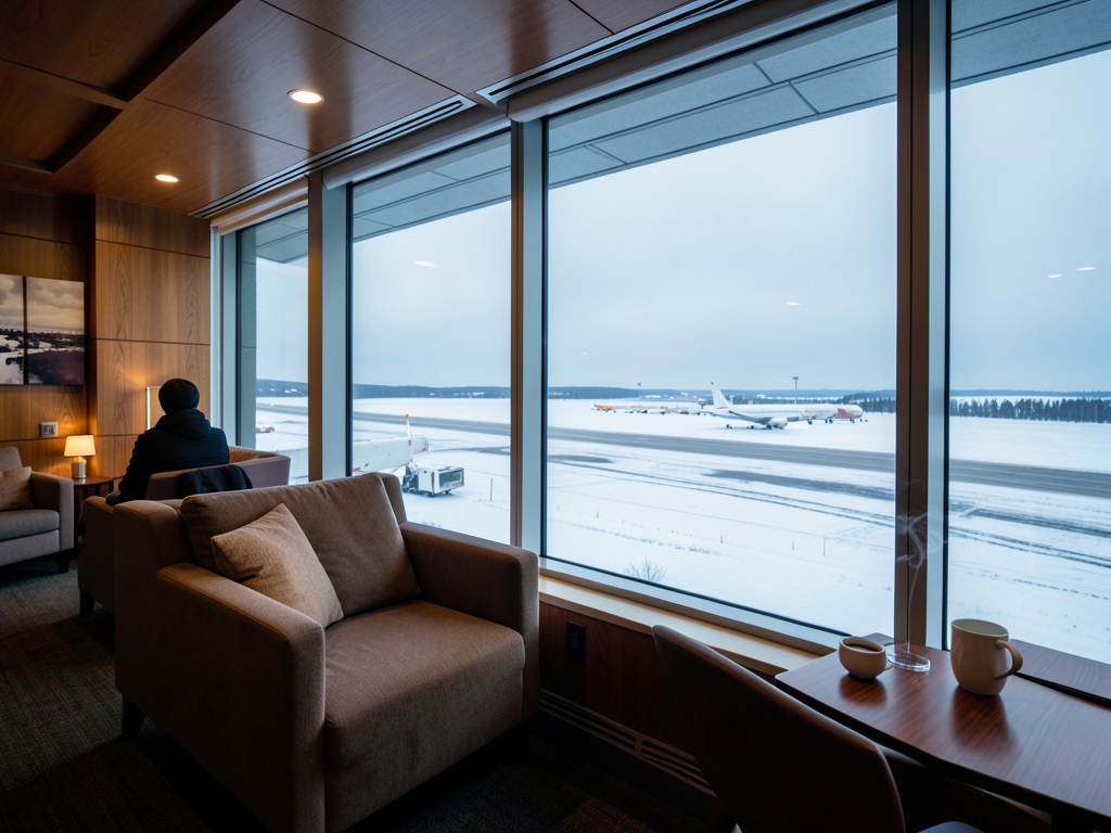 warm wood and glass airport lounge opening onto snowy Alaska