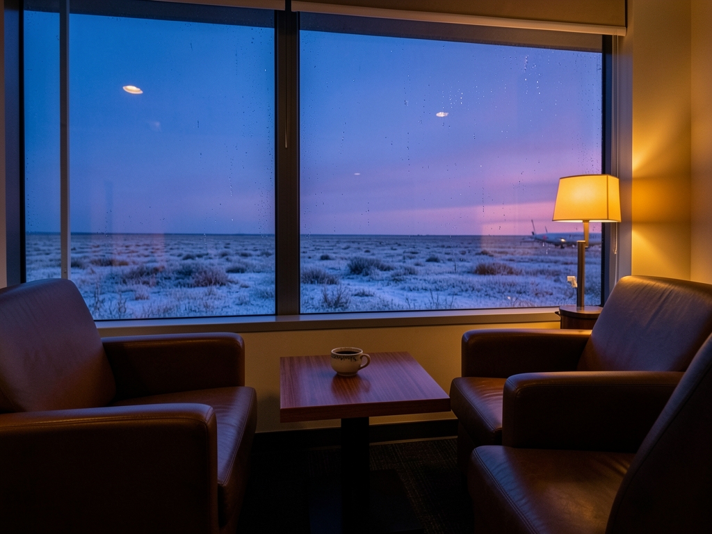 quiet airport lounge window overlooking frosted Alaska tundra