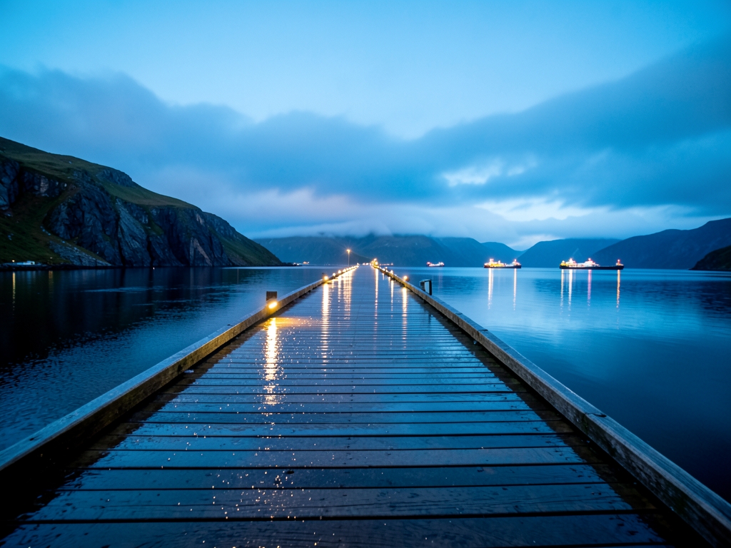 Rain slicked coastal boardwalk dusk with distant ferry lights
