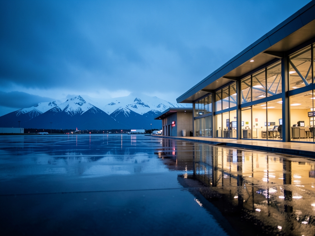 rain washed West Coast airport tarmac blue hour distant