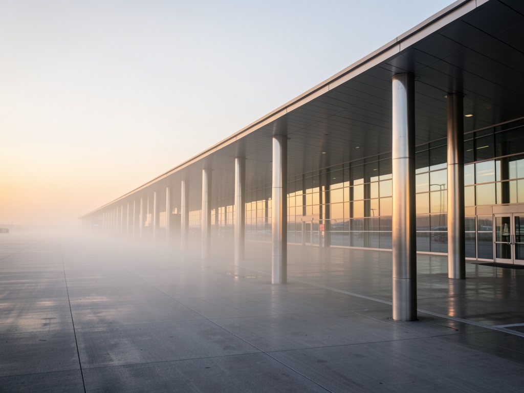 sleek modern terminal stretches into distance under pale