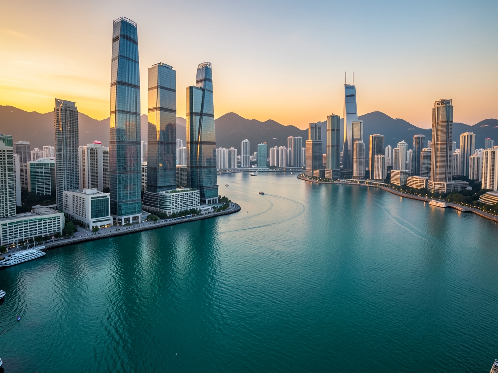 sleek Hong Kong harbor twilight glass towers reflecting