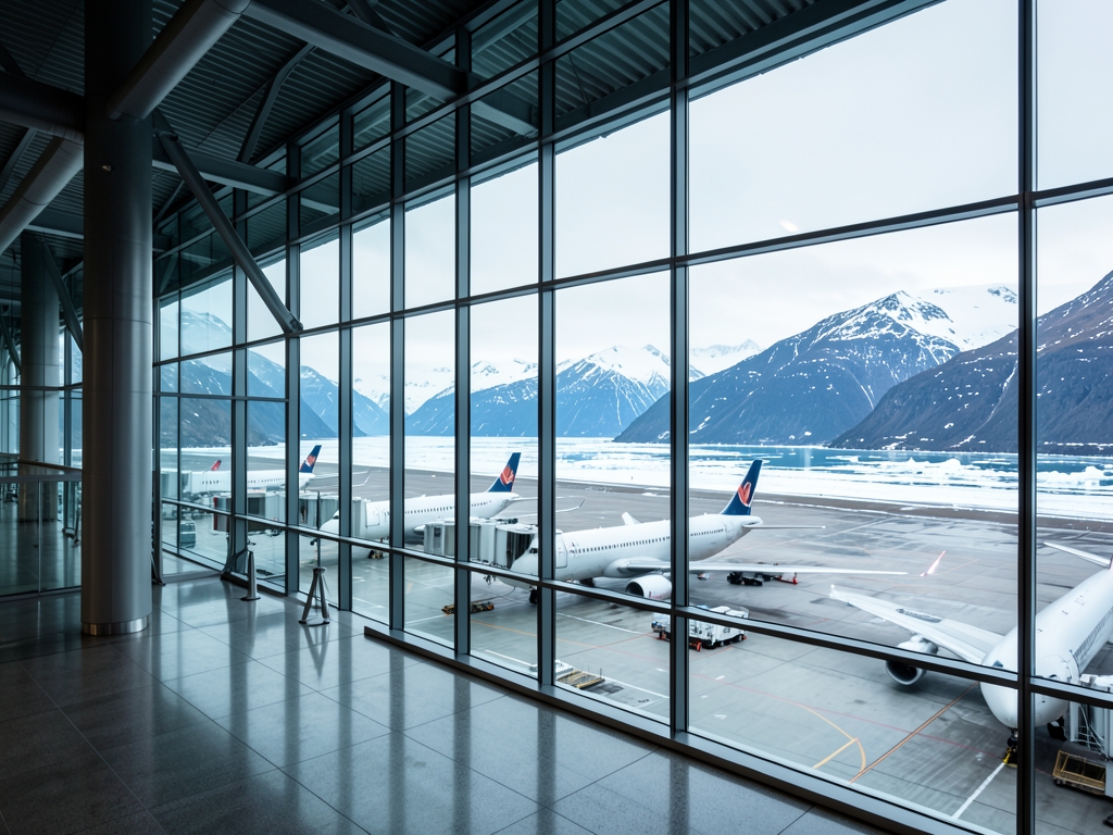 Glass airport terminal overlooking fjord distant glaciers multiple
