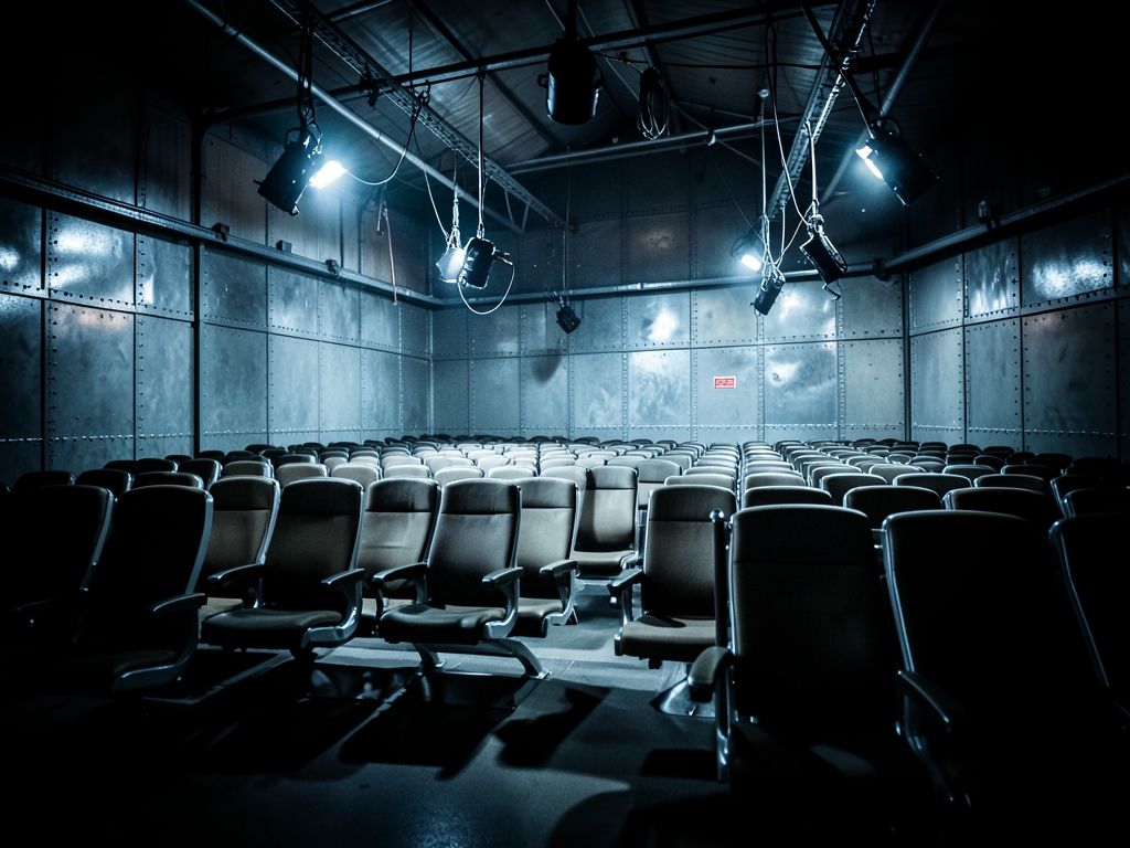 Interior view hangar illuminated harsh work lights revealing