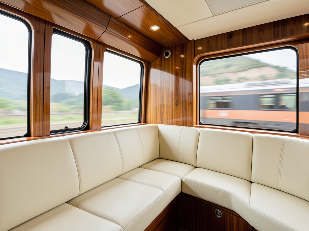 sleek cabin interior with warm wood cream leather