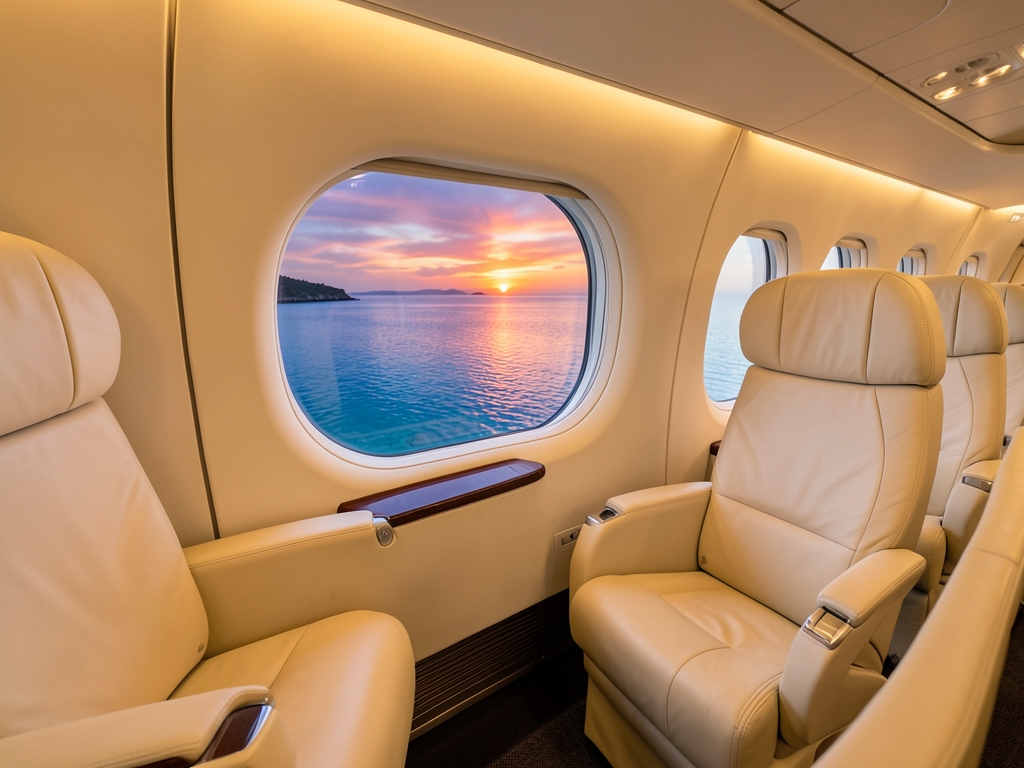 Spacious premium airline cabin with cream leather seats