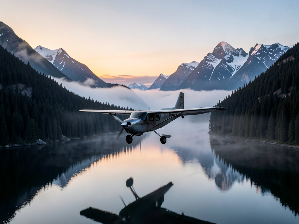 small bush plane gliding over misty Alaskan fjord