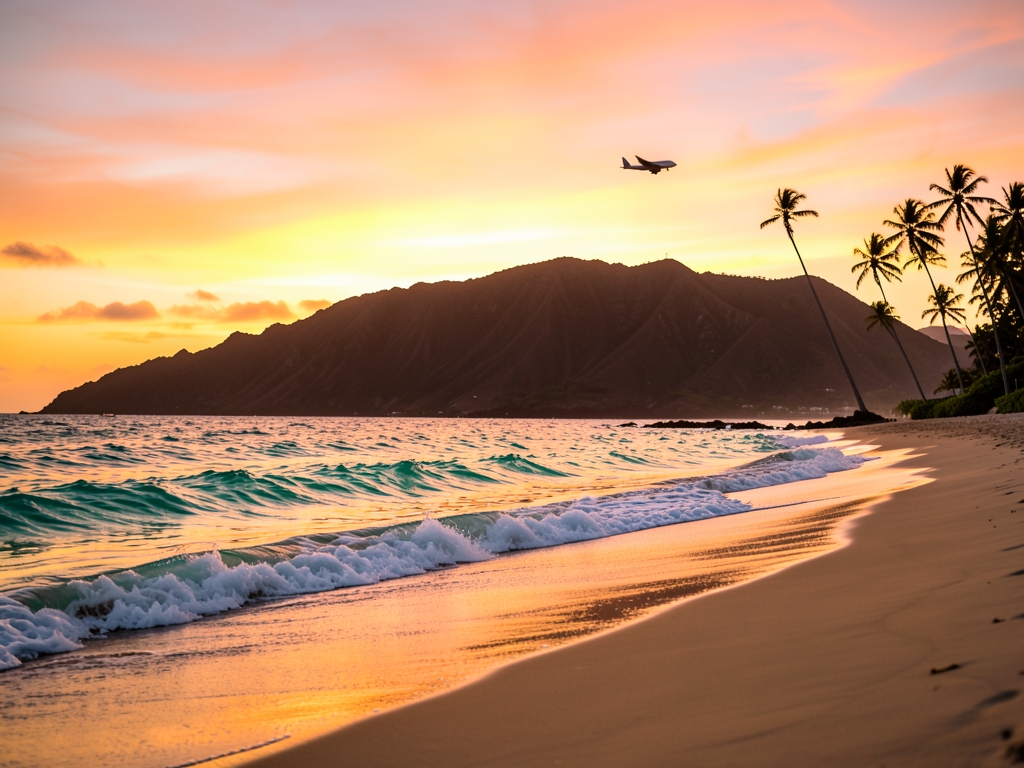 Golden sunset over Hawaiian beach turquoise waves dark