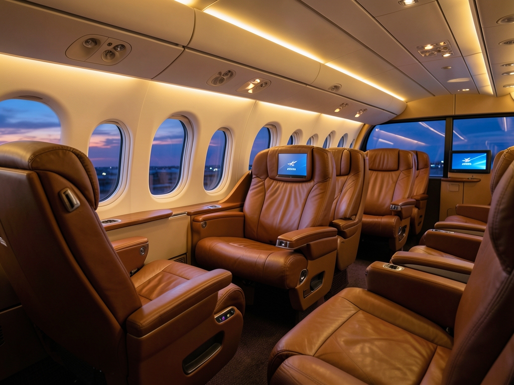 Wide premium airplane cabin with spacious seats warm