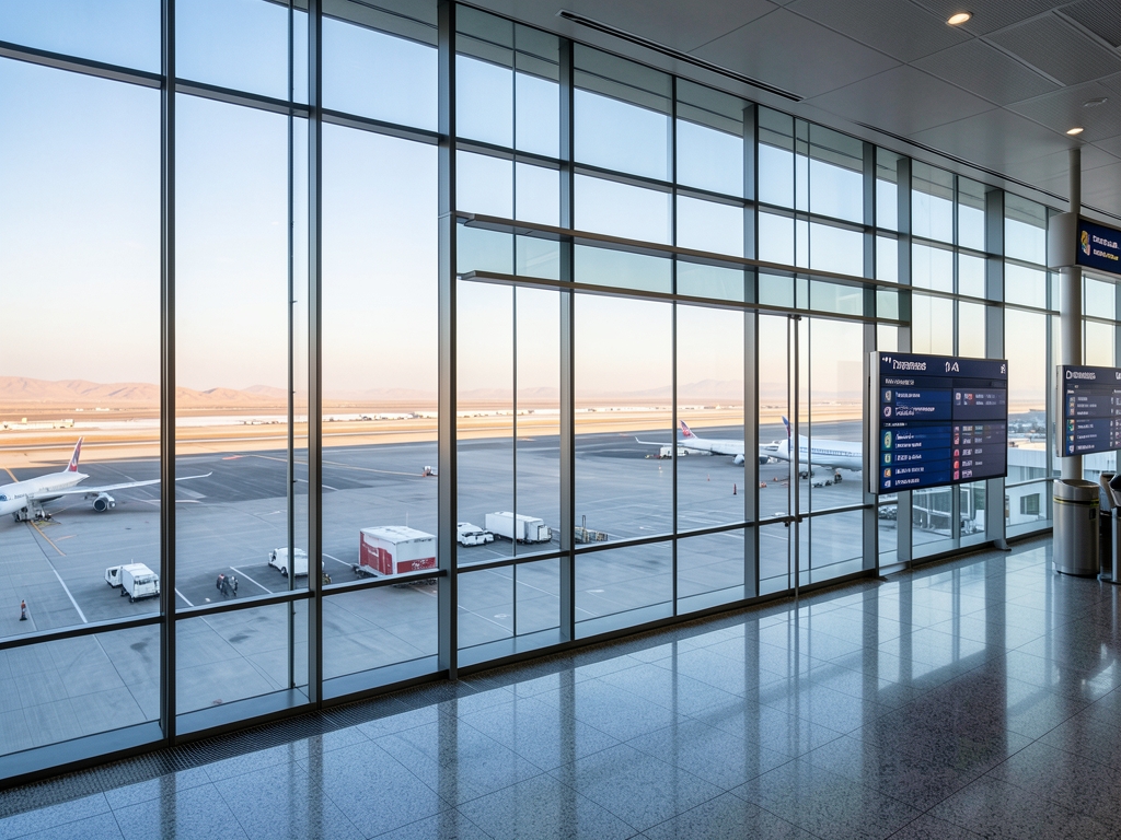 Wide angle view modern airport terminal interior with floor to ceiling