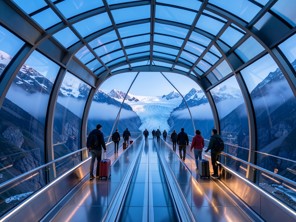 Futuristic glass transit overlooking glacier capped mountain range where