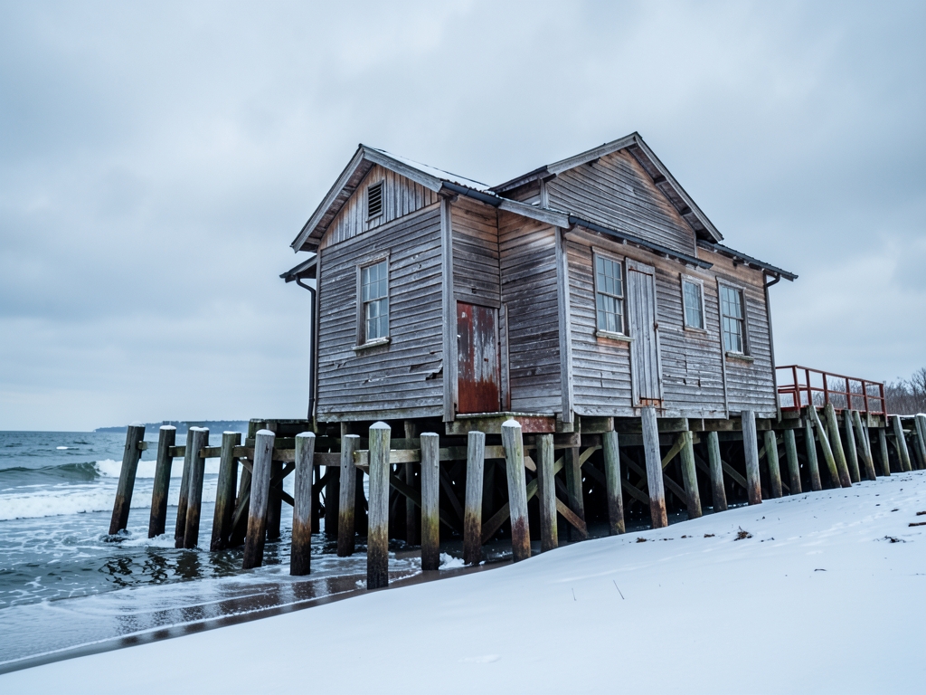 weathered wooden train depot standing alone snow dusted shoreline