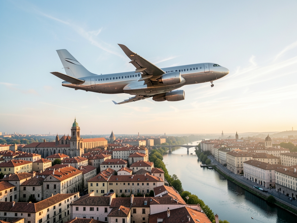 sleek airliner descending through soft clouds above European