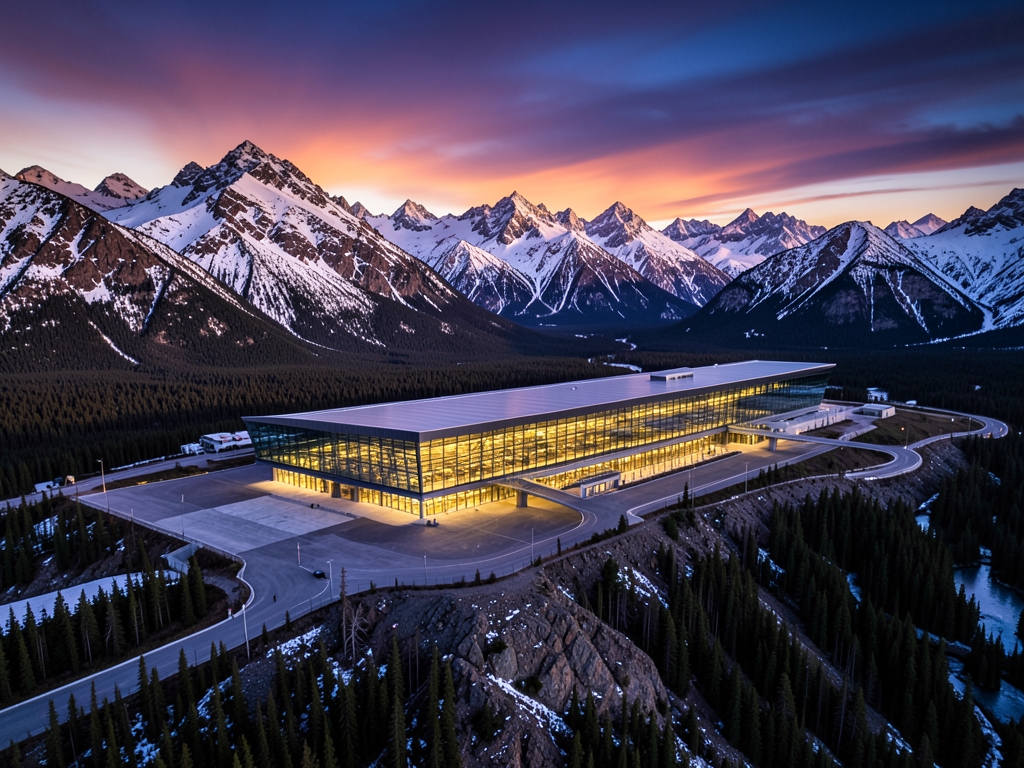 Aerial view sleek glass terminal structure nestled against