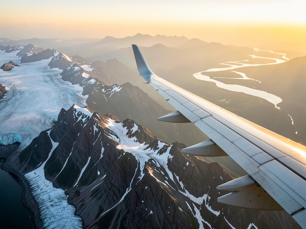 Above Alaska coastline golden hour passenger wing crosses