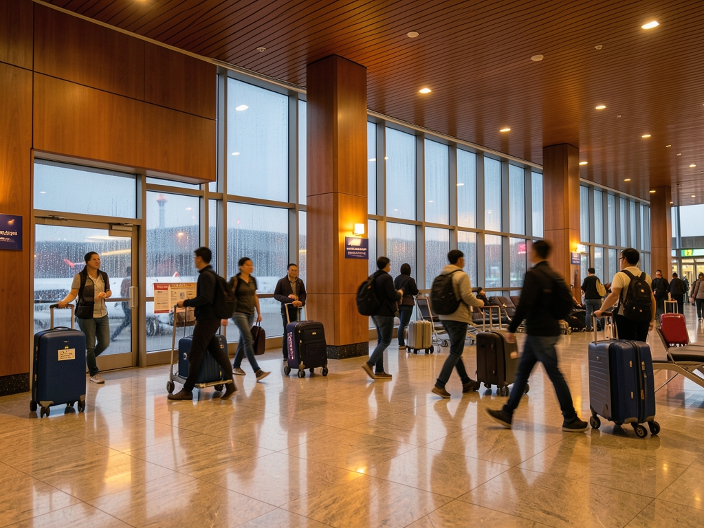 Hong Kong airport terminal dusk warm wood paneling