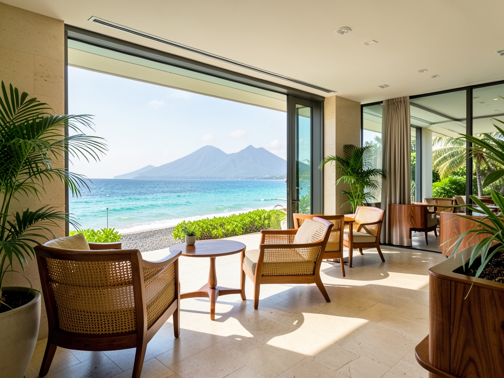 Hawaiian airport business class lounge opening onto tropical coastline